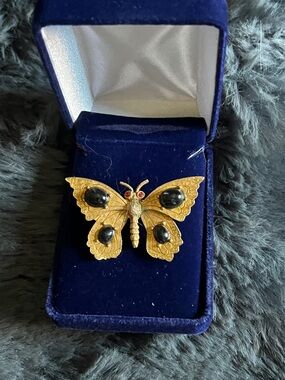 Vintage Miriam Haskell Gold Butterfly Brooch with Black Stones and Red Eyes